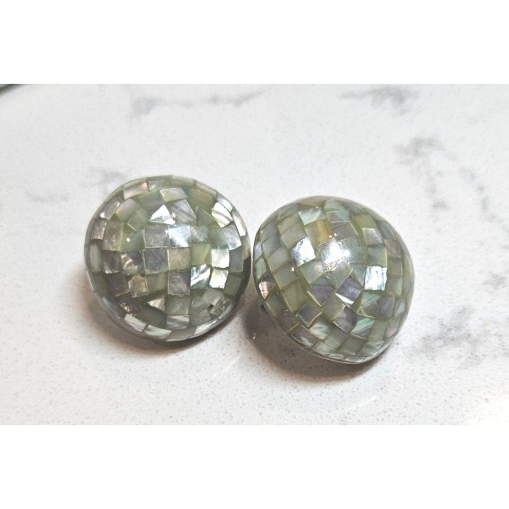 Vintage Abalone Shell Mosaic Stud Earrings Iridescent Green Round Dome Post Back